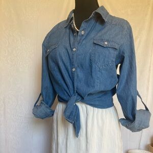 Japna Size Large Womens Cotton Denim Chambray Pearl Snap Roll Tap Sleeve Shirt
